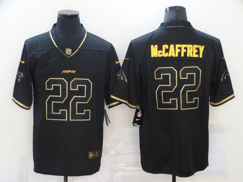 Men Carolina Panthers #22 Mccaffrey Black Retro Gold Lettering 2020 Nike NFL Jersey
